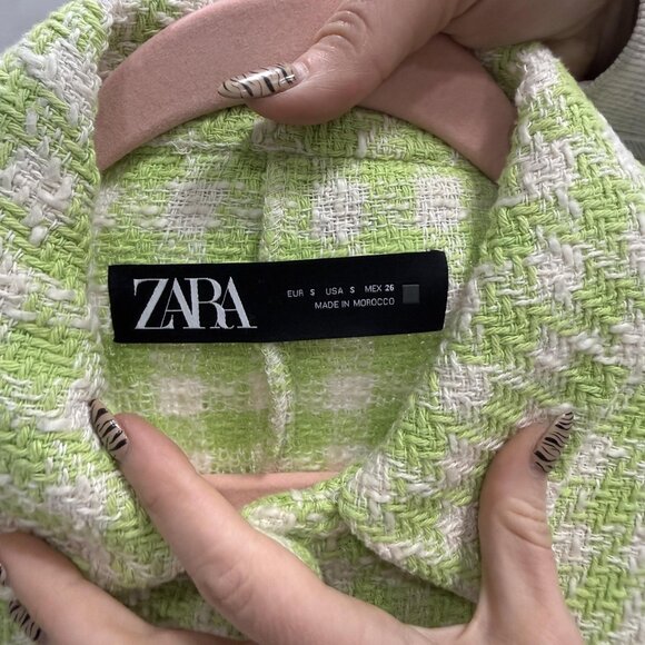 ZARA Jacket Womens Small Green Check Tweed Cropped Button Front Pockets Collared - Picture 2 of 8